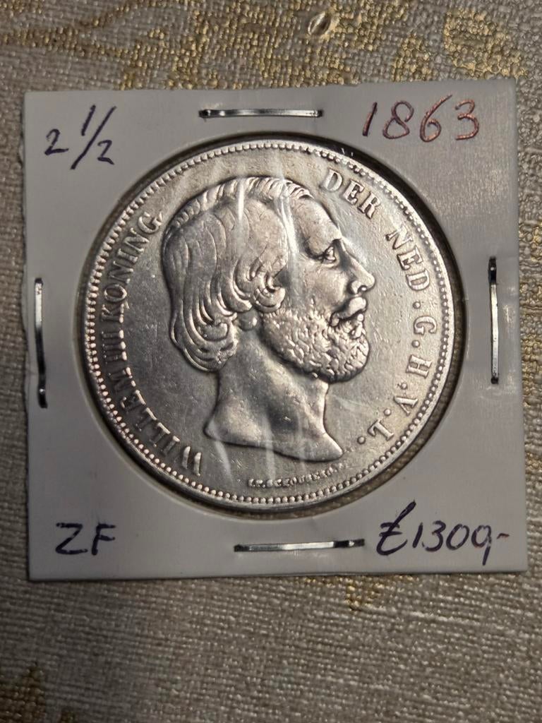 Zilveren 2½ Gulden Koning Willem III 1863, Koning Willem III, Zilver, Ophalen of Verzenden, Losse munt