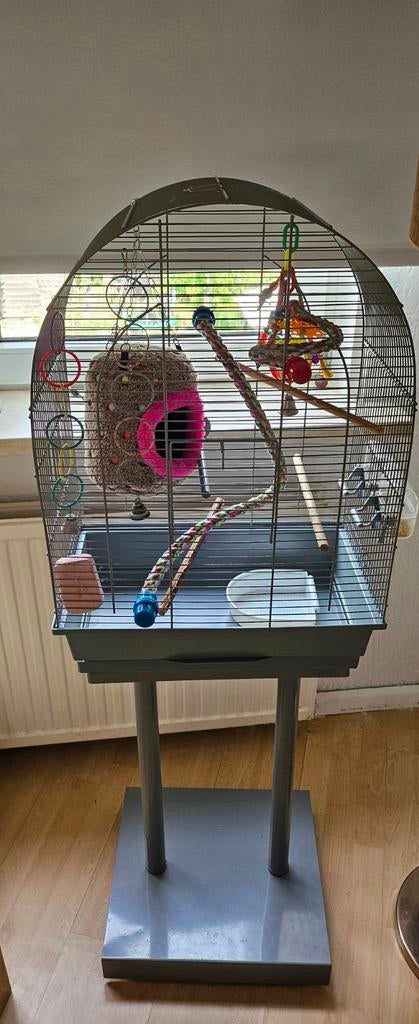 Vogelkooi met standaard en toebehoren, Ophalen, Metaal, Vogelkooi