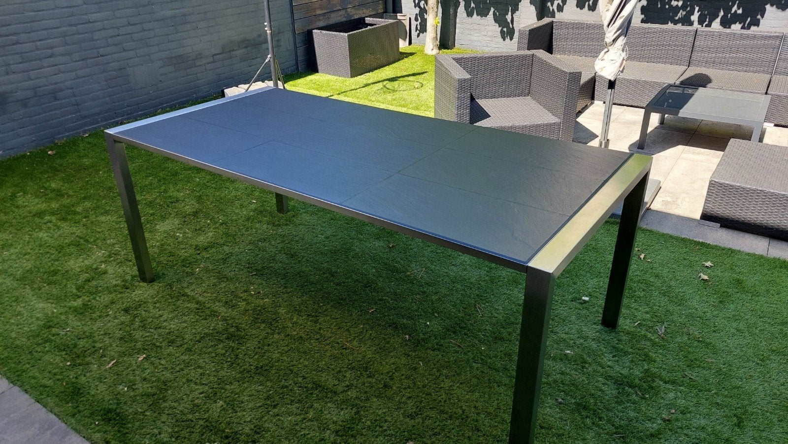 RVS en Leisteen zware tafel 4 seasons outdoor, Tuin en Terras, Tuintafels, Ophalen, Zo goed als nieuw, Rechthoekig, Rvs