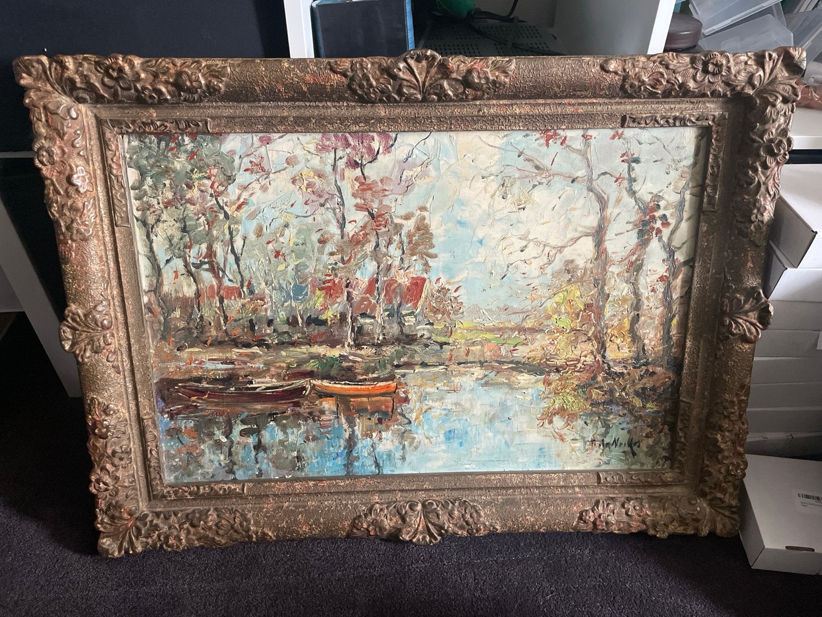Schilderij Landschap met boten, olieverf op doek, Doek, Ophalen of Verzenden, Gesigneerd, Landschap