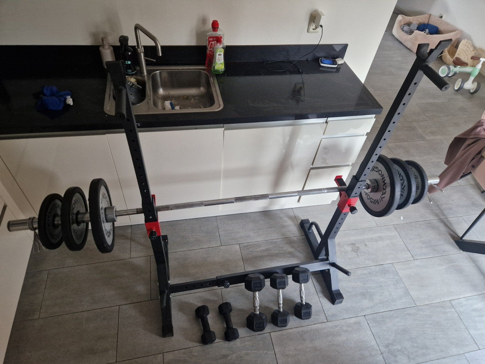 Squat rack met Technogym schijven en Olympische stang, Sport en Fitness, Ophalen of Verzenden, Gebruikt