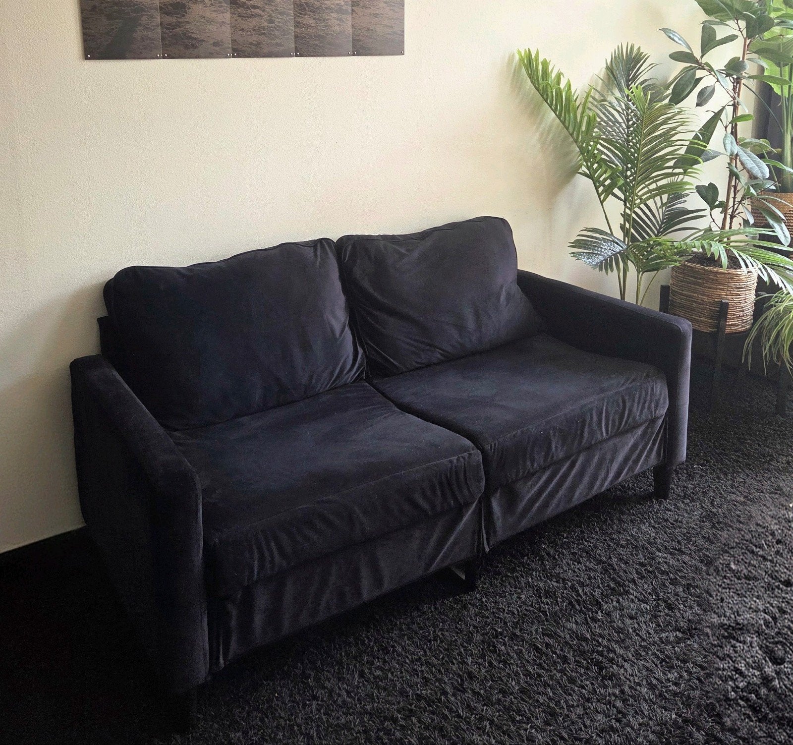 Zwart velours bankje voor studenten / tienerkamer, Ophalen, 150 tot 200 cm, Tweepersoons, 75 tot 100 cm
