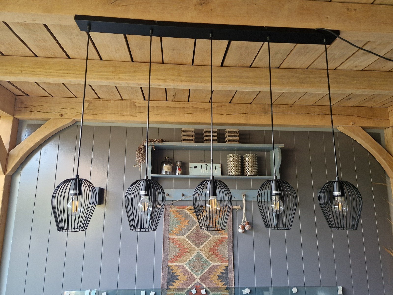 Zwarte hanglamp met 5 kooilampen, 120x8 cm excl lichtbron, Ophalen
