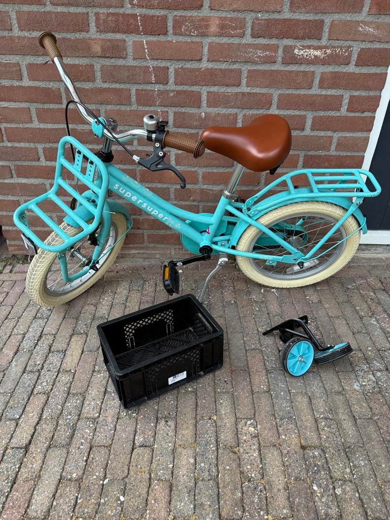 Supersuper Kinderfiets 16 inch met zijwieltjes en kratje, Ophalen, Terugtraprem, Zijwieltjes, 16 tot 20 inch