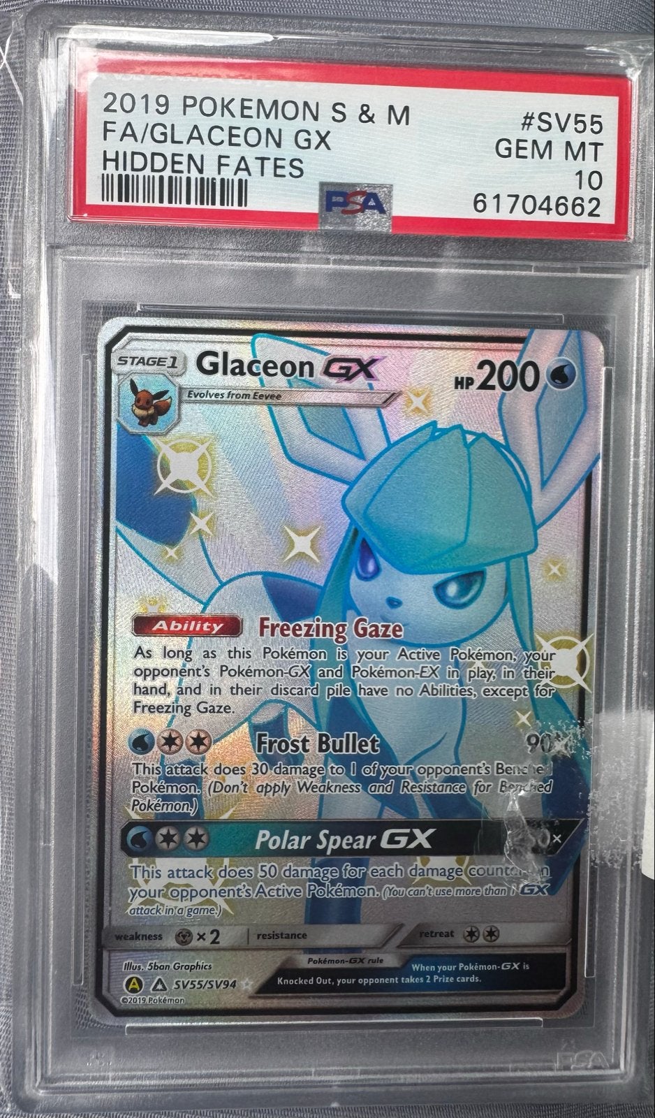 Pokémon Glaceon GX SV55/SV94 Hidden Fates PSA 10 GEM MT, Ophalen of Verzenden, Nieuw, Losse kaart, Foil
