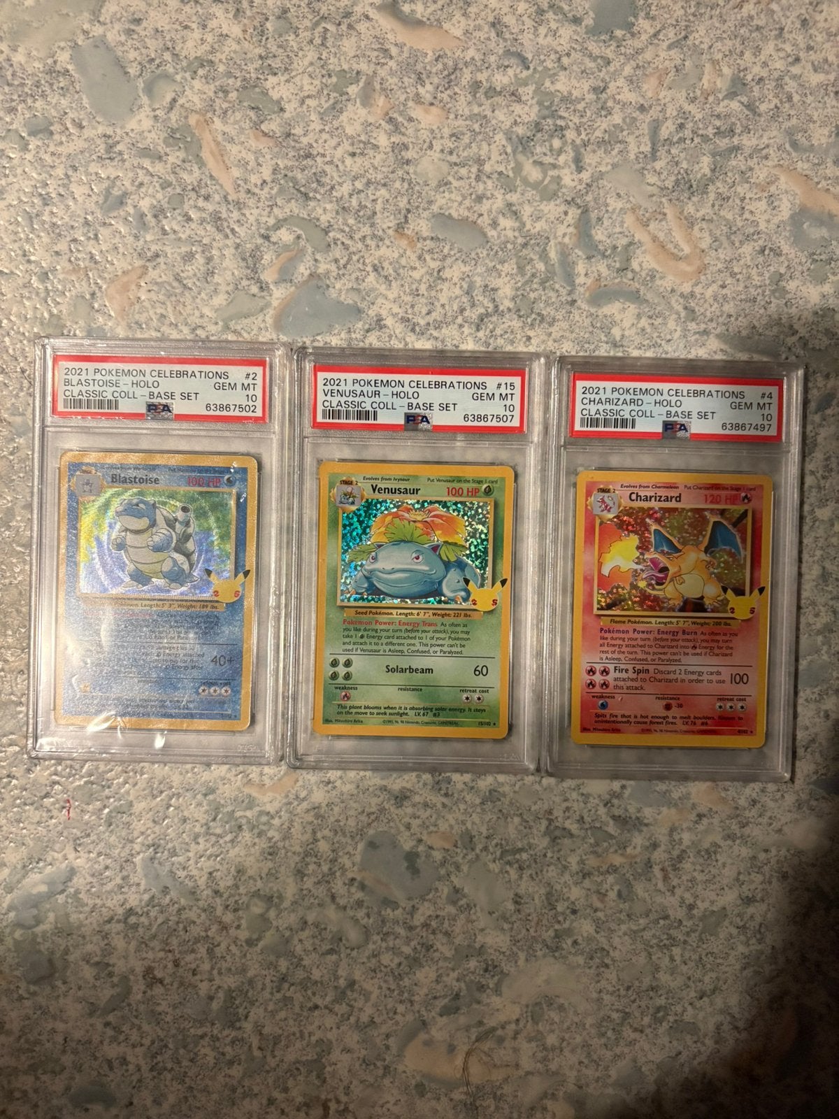 Pokémon Celebrations Holo Blastoise, Venusaur, Charizard PSA, Ophalen of Verzenden, Nieuw, Meerdere kaarten, Foil