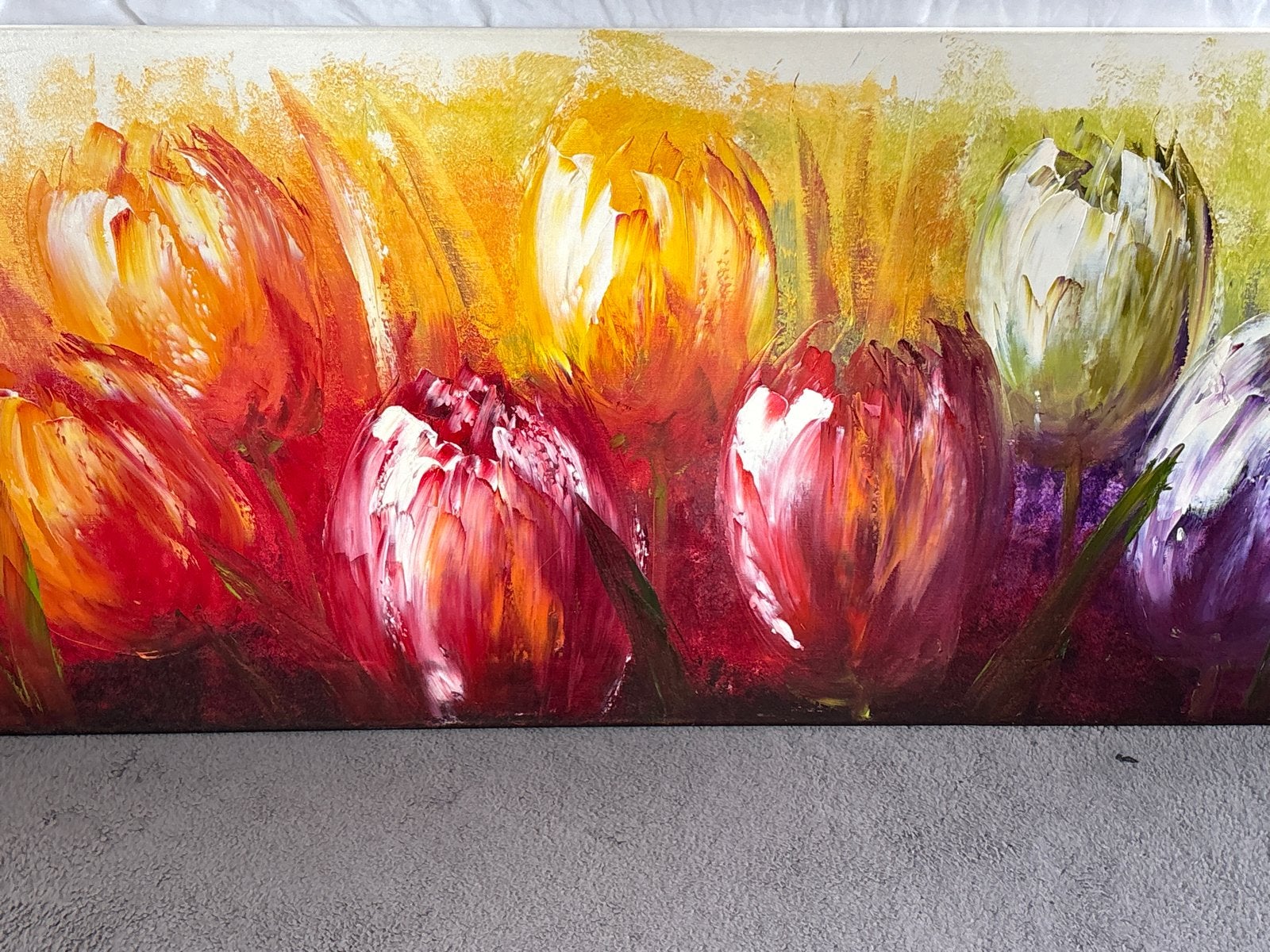 1.60 bij 60 cm schilderij met kleurrijke tulpen in reliëf, Doek, Expressionistisch, Handgeschilderd, Olieverf