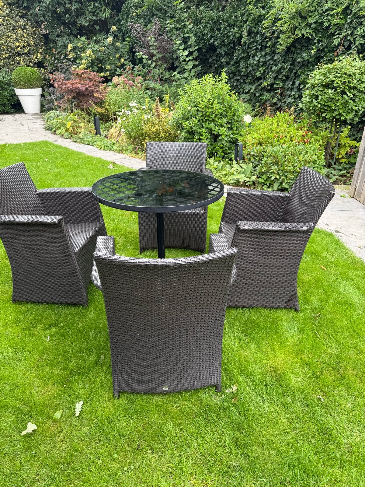 Wicker balkon of tuinset met 4 stoelen en tafel, Tuin en Terras, Ophalen, 4 zitplaatsen, Gebruikt, Eettafel