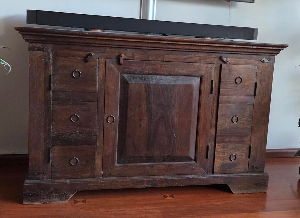 Rustiek Koloniaal Dressoir Massief Hout met Smeedijzer, Huis en Inrichting, Kasten | Dressoirs, Gebruikt, 100 tot 150 cm, 25 tot 50 cm