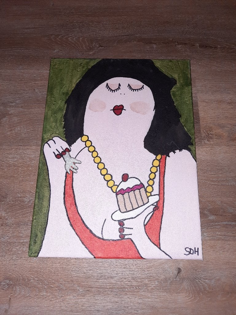 schilderij fat lady dikke dame taart, Ophalen of Verzenden