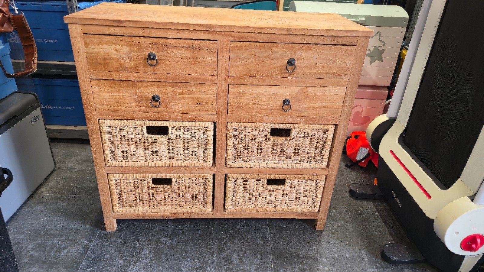 Houten ladekast teak met rieten manden, Ophalen, Gebruikt, 5 laden of meer, 50 tot 100 cm