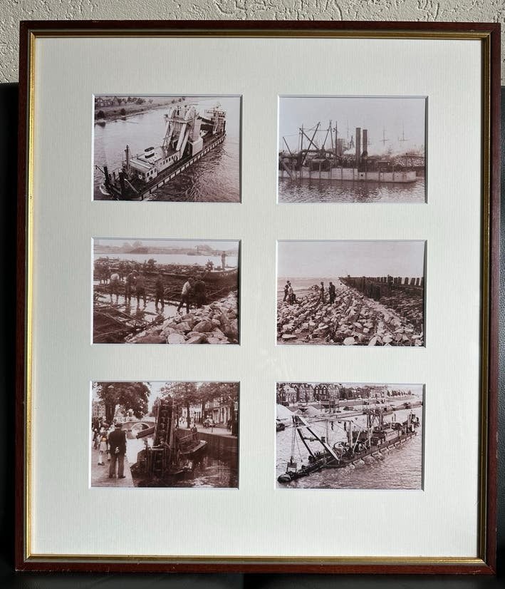 Bagger schepen ingelijste historische foto's van waterwerken, Antiek en Kunst, Kunst | Tekeningen en Foto's, Ophalen