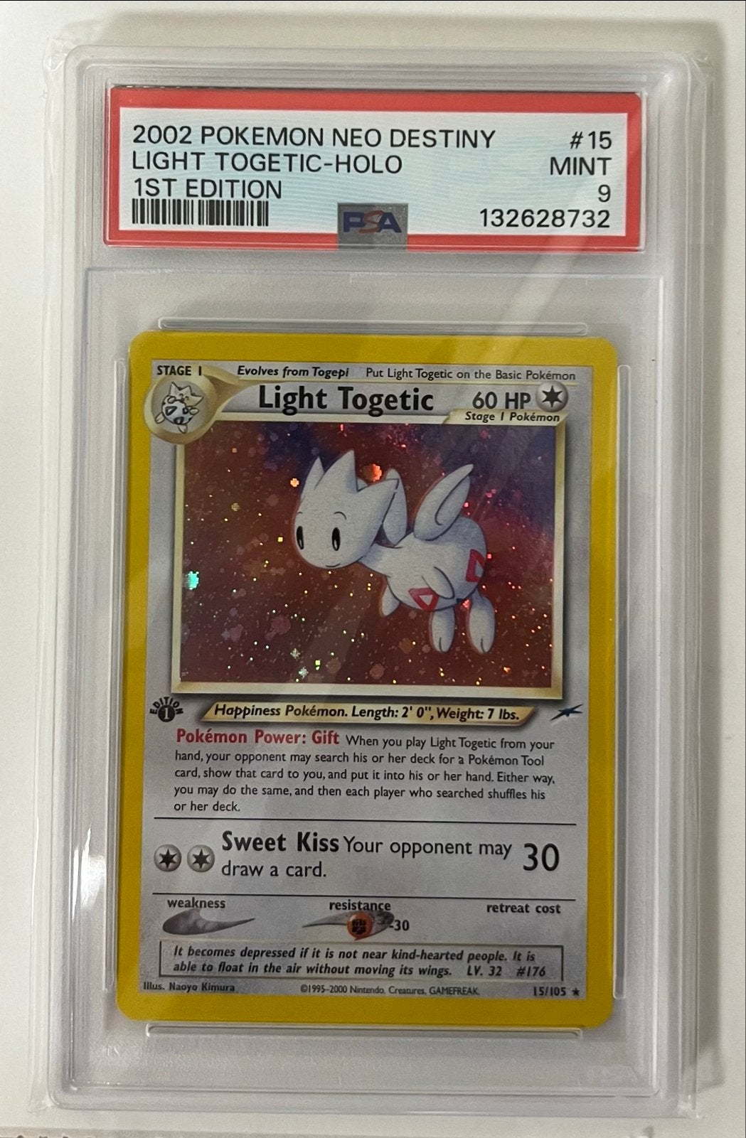 Light Togetic 15/105 - Swirl - 1st Ed. - Neo Destiny - PSA 9, Hobby en Vrije tijd, Ophalen of Verzenden, Zo goed als nieuw, Losse kaart