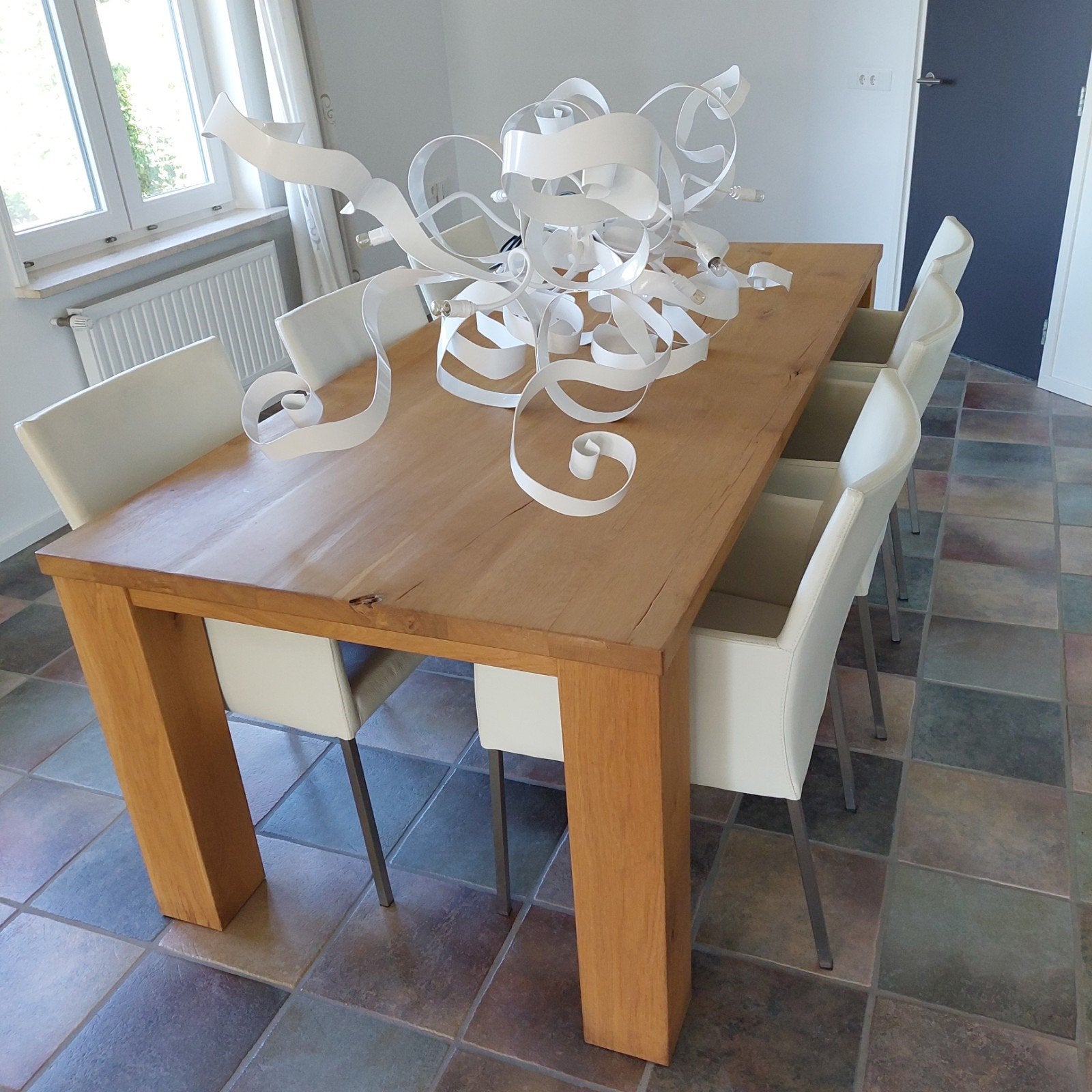 Eetkamerset, eiken tafel, 6 stoelen, hanglamp MOET SNEL WEG, Ophalen, Gebruikt, Modern/landelijk, 6 tot 8 stoelen