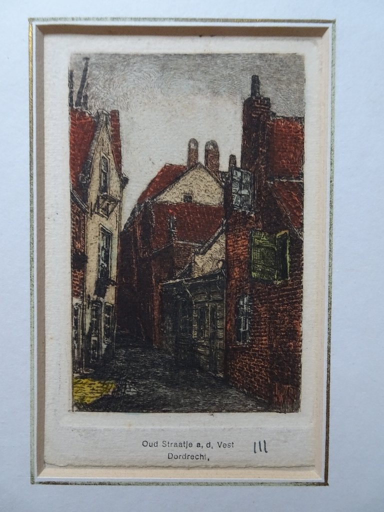 Kleurenets oud straatje Vest Dordrecht O.P. Matthes ca 1910, Antiek en Kunst, Kunst | Etsen en Gravures, Stadsgezicht, Origineel