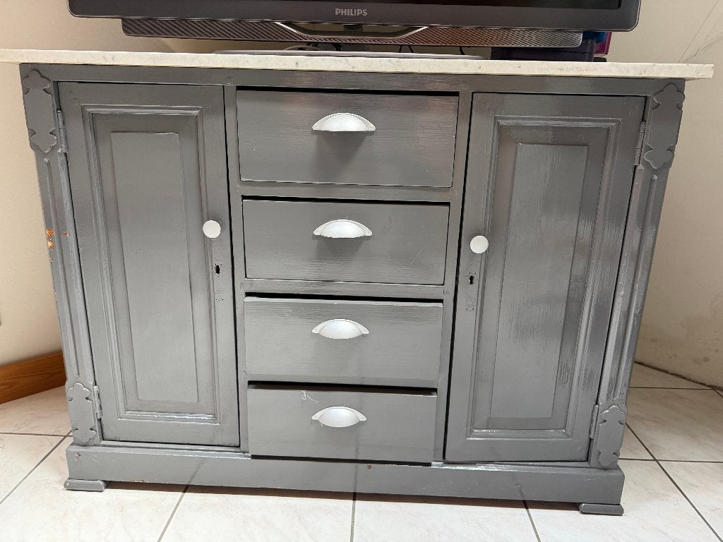 Massief houten dressoir met marmeren blad, Gebruikt, Klassiek, Ophalen of Verzenden, Grenenhout