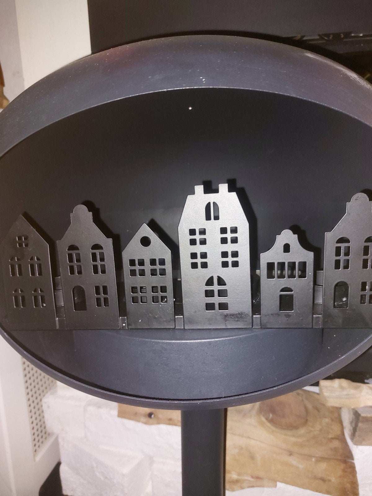 Stijlvolle Ovale Bio Ethanol Haard met Amsterdamse Huisjes, Huis en Inrichting, Ophalen of Verzenden, Zo goed als nieuw, Vrijstaande haard