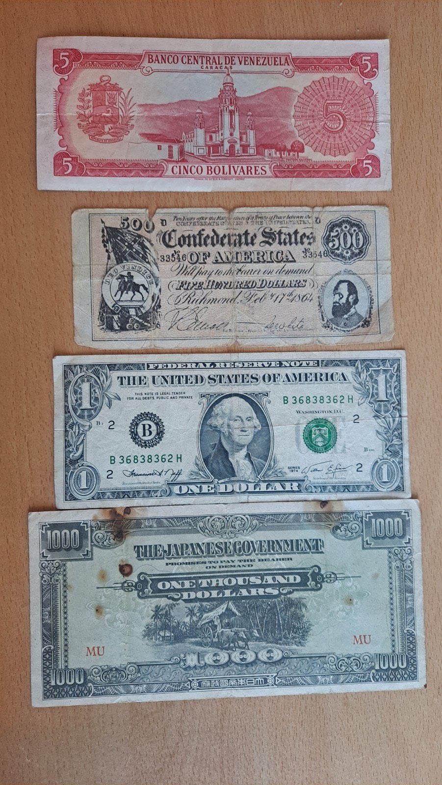 Diverse verzameling bankbiljetten (Venezuela, VS, Japan), Ophalen of Verzenden, Overige landen, Setje