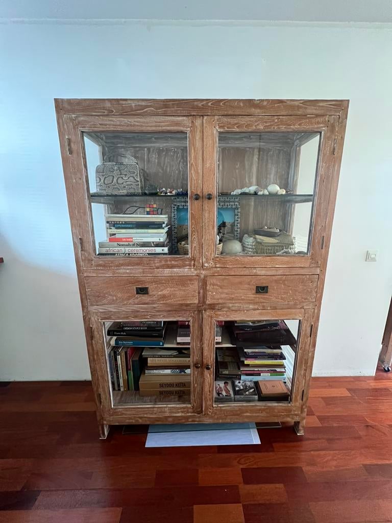 Teak houten vitrinekast, Huis en Inrichting, Kasten | Buffetkasten, Ophalen, Gebruikt, Teakhout, 150 tot 200 cm