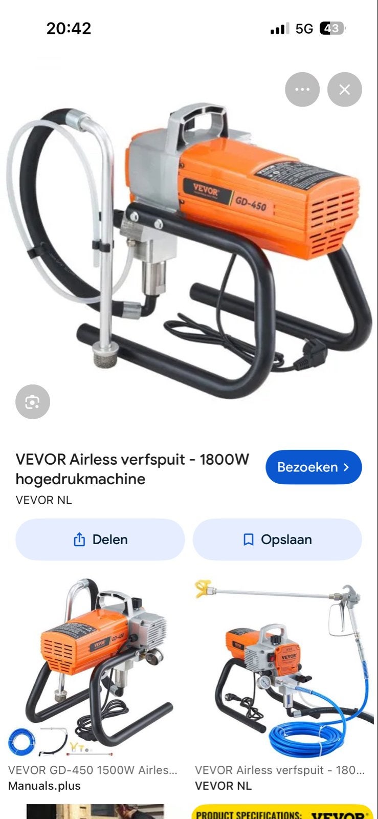 VEVOR Airless Verfspuit GD-450 1800W Hogedrukmachine, Ophalen, Zo goed als nieuw, Verfspuit of Verfpomp
