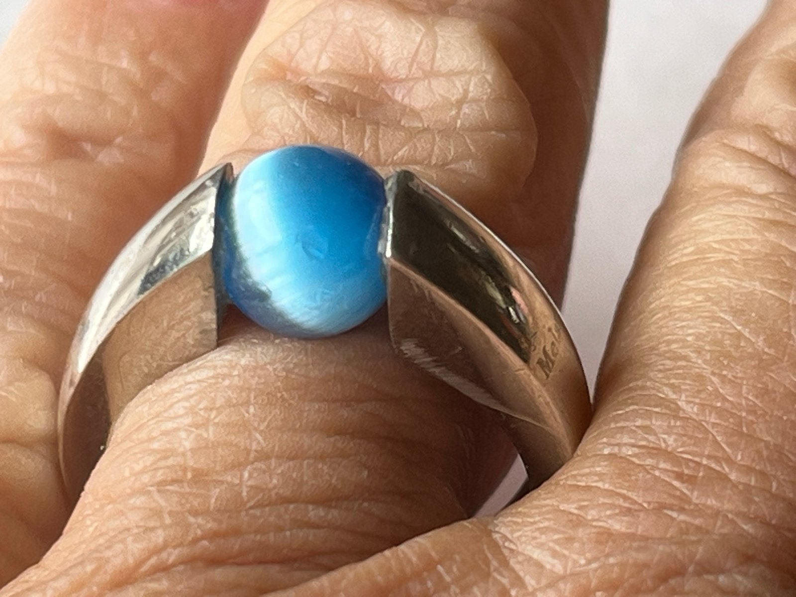 Zilveren Melano ring met blauwe steen, maat 18,75, Sieraden, Tassen en Uiterlijk, Ringen, 18 tot 19, Verzenden, Zo goed als nieuw