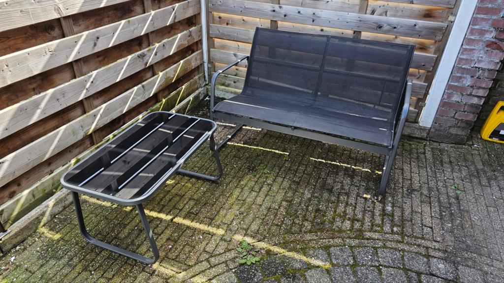 Stalen tuinbank en tafel met glazen blad - Antraciet, Tuin en Terras, Tuinsets en Loungesets, Overige materialen, Gebruikt, Bank