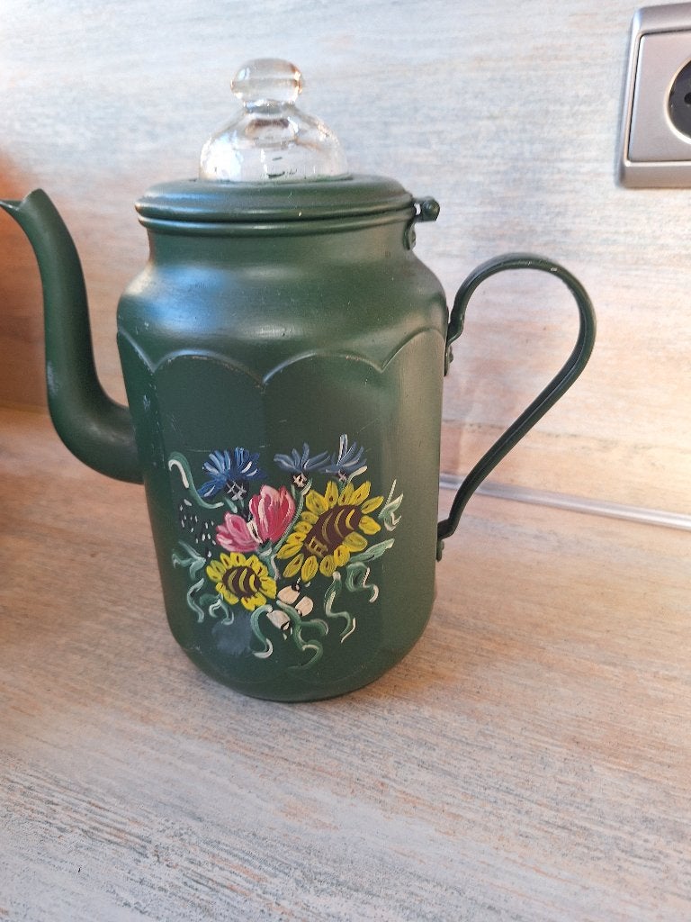 Vintage Groene Percolator met Bloemenprint, Ophalen
