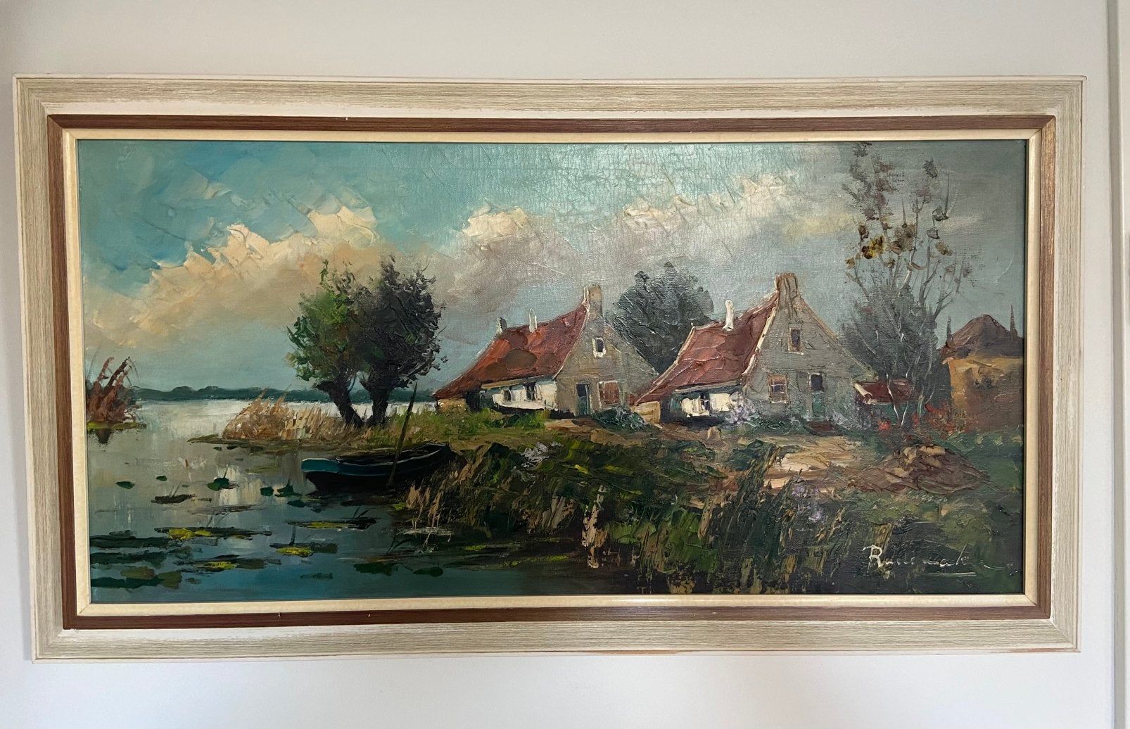 Hollands landschap  gesigneerd., Doek, Impressionistisch, Ophalen of Verzenden, Landschap