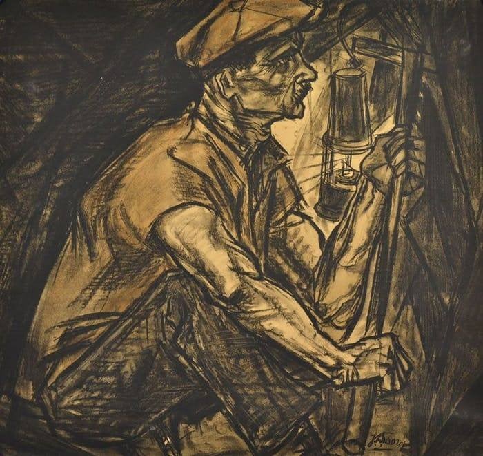 Jan Toorop de mijnwerker 1915 litho in lijst 70x75, Antiek en Kunst, Ingelijst, Ophalen, Personages en Fantasiefiguren, Lithografie