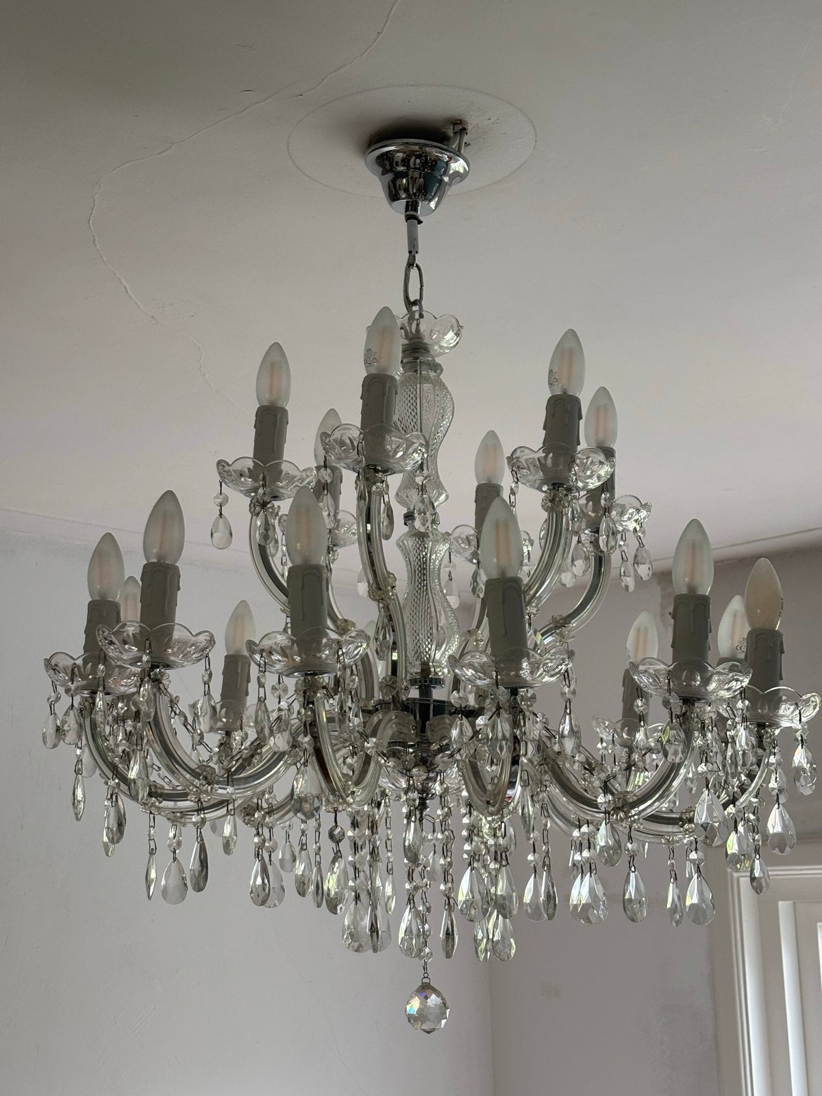 Kristallen Kroonluchter met 18 led filament lampen, Ophalen, Gebruikt, Glas