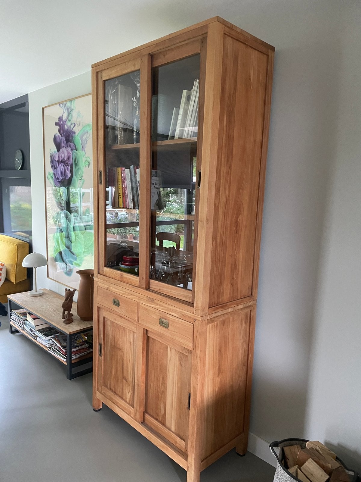 Teak vitrine kast, Ophalen, Zo goed als nieuw, 25 tot 50 cm, 200 cm of meer