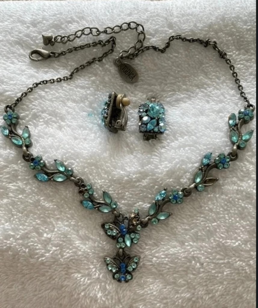 Ketting met oorbellen, Met kristal, Gebruikt, Blauw, Ophalen of Verzenden