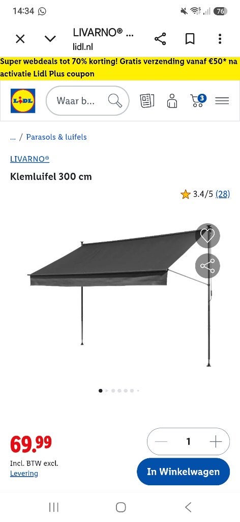 Klemluifel antraciet, Minder dan 150 cm, Ophalen, Zo goed als nieuw, Knikarmscherm