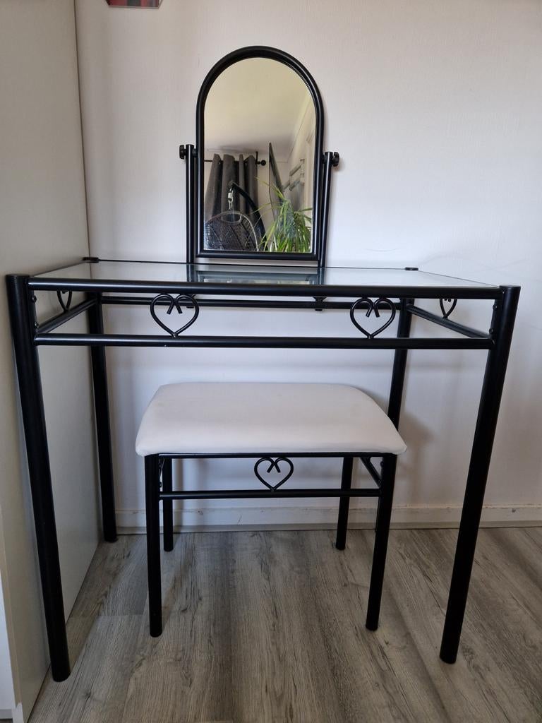Make-up tafel met spiegel en hocker - Zwart/Glas kaptafel, Huis en Inrichting, Tafels | Kaptafels, Ophalen, Gebruikt, Metaal of Aluminium
