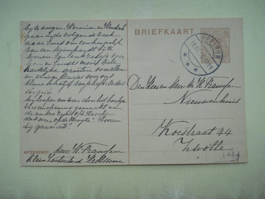 Nederland Briefkaart Kon. Wilhelmina Rondstempel Heelsum, Postzegels en Munten, Brieven en Enveloppen | Nederland, Ophalen of Verzenden