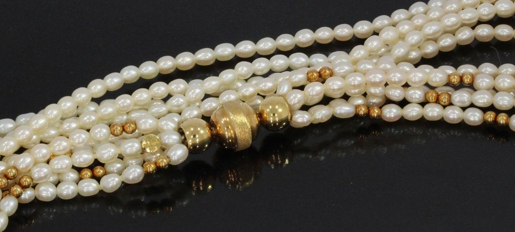 Schoeffel parel ketting 18k slot goud bollen dames luxe, Voordeelsieraden, Ophalen of Verzenden, Zo goed als nieuw, Met edelsteen