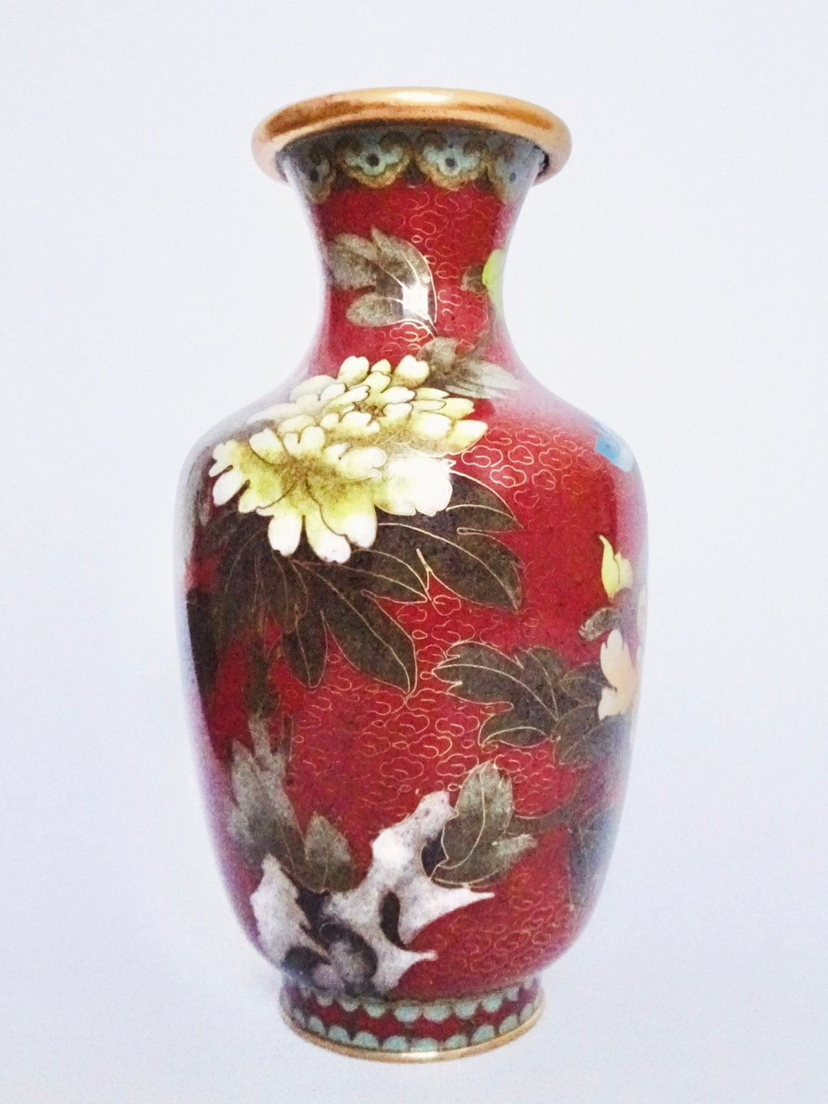 Vintage 70s cloisonne emaille vaas gekleurd goud bloem vogel, Ophalen