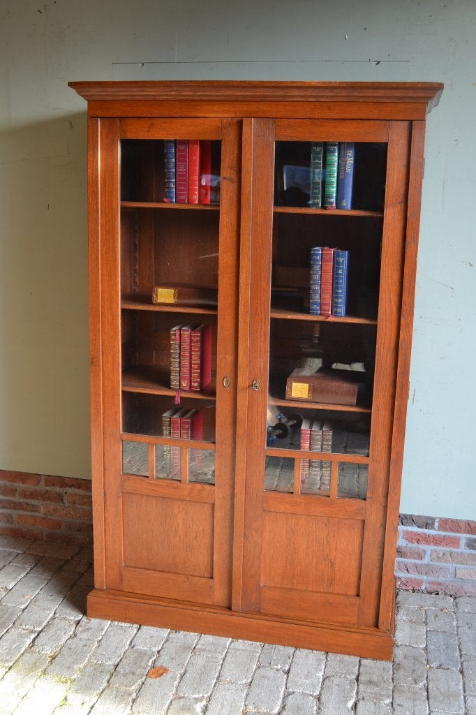 Prachtige strakke antieke eiken Art Deco boekenkast, vitrine