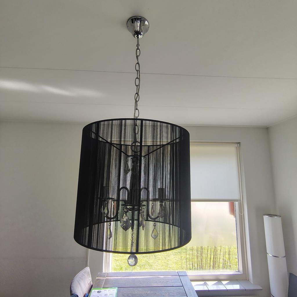 2 hanglampen en 1 staande en 1 schemerlamp, zwarte kleur, Ophalen, Modern, Glamour, Chique, Zo goed als nieuw, Glas