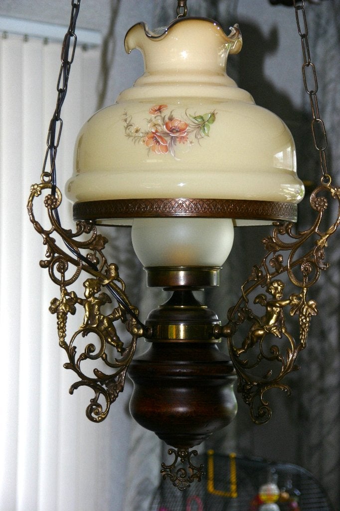 Mooie Hanglamp eikenhout met melkglazen kap met bloemprint, Ophalen of Verzenden, Zo goed als nieuw, Glas, 75 cm of meer