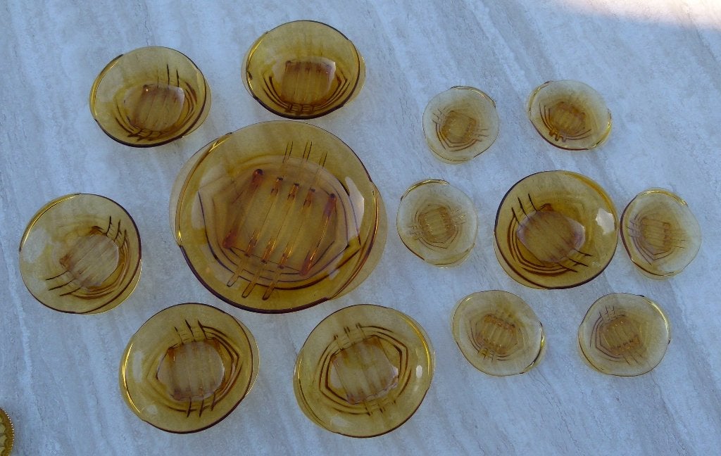 Amber Pers Glas Stölzle Hermanova Hut Art Deco Square Eyes, Ophalen of Verzenden