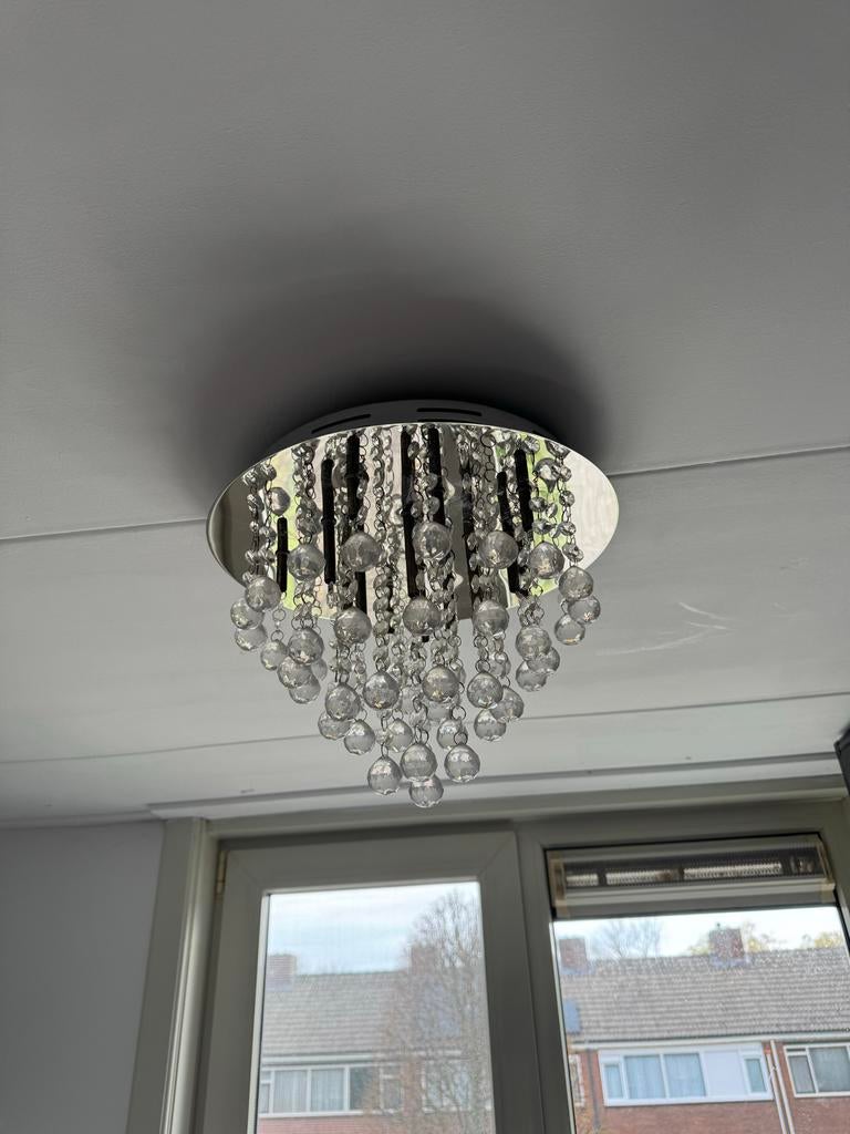 Moderne Plafondlamp met Kristallen Druppels, Huis en Inrichting, Ophalen, Zo goed als nieuw, Metaal