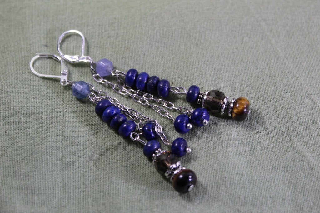 Oorbellen met lapis lazuli,kwarts, toermalijn en tijgeroog, Overige materialen, Hangers, Overige kleuren, Nieuw