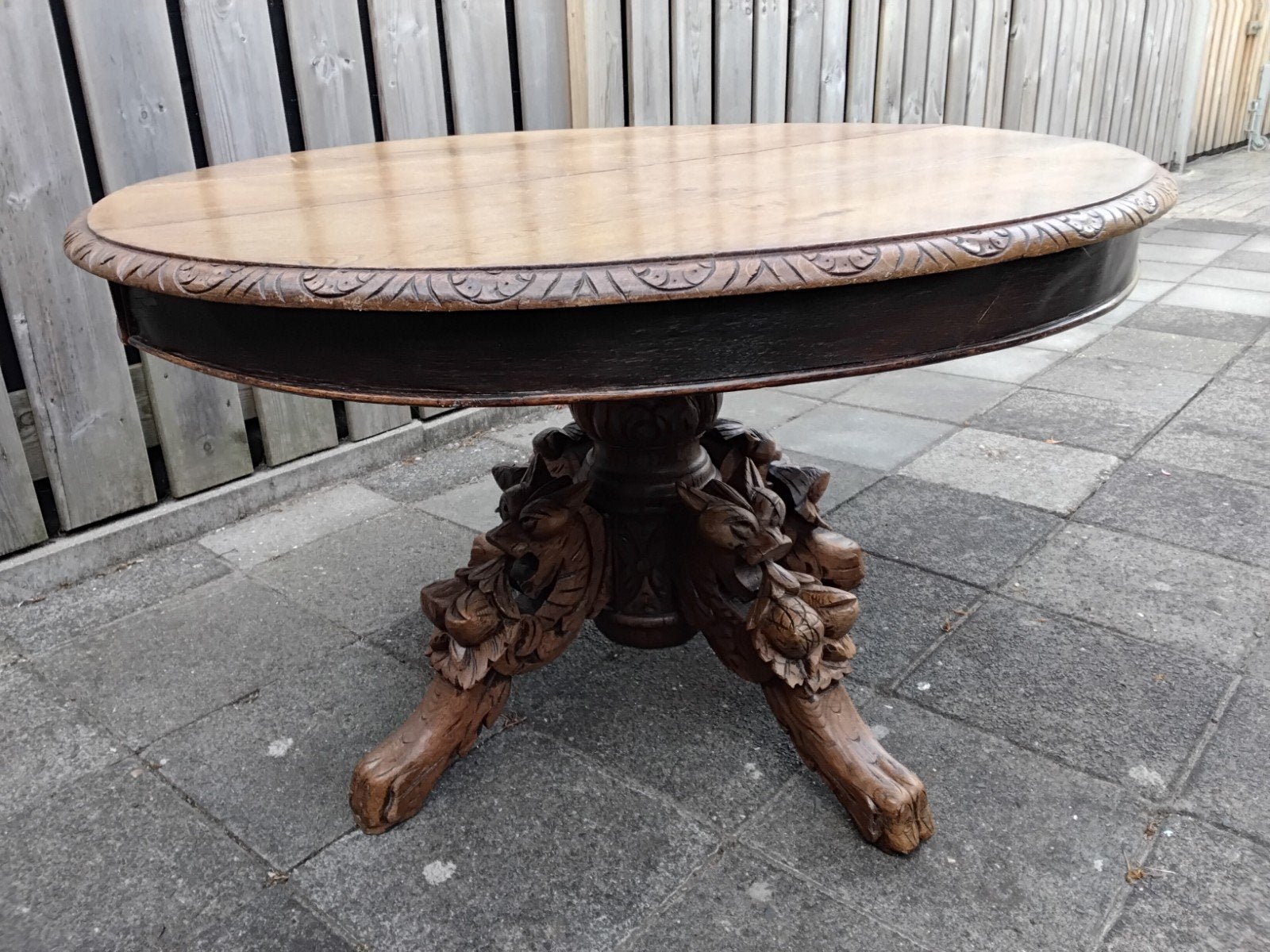 salontafel vossenkop. 100cm in diameter en 60cm hoog. eiken., Ophalen, Gebruikt, 50 tot 100 cm, 50 tot 100 cm