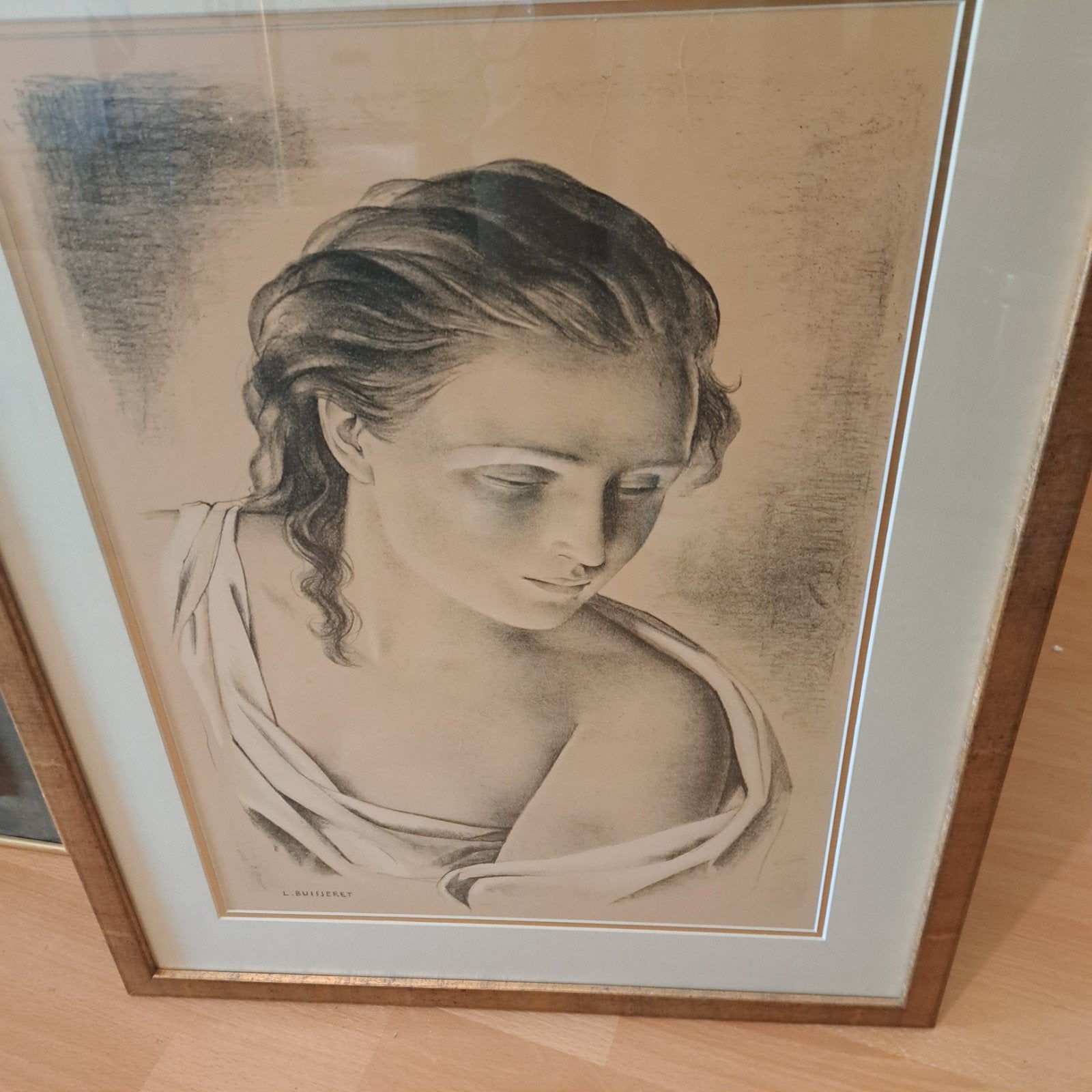 Vintage potloodtekening van een vrouw, ingelijst, Ophalen of Verzenden, Tekening, Potloodtekening, Ingelijst