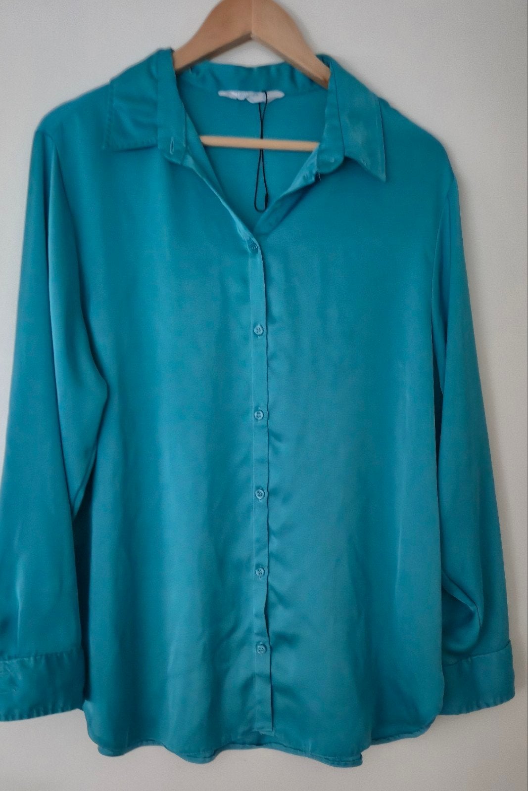 glimmende turquoise blouse maat 44, Kleding | Dames, Ophalen of Verzenden, Zo goed als nieuw, Maat 42/44 (L), Blauw