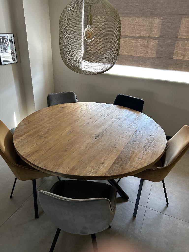 Tafel rond Mangohout incl. 6 draaistoelen., Huis en Inrichting, Tafels | Eettafels, Ophalen, 100 tot 150 cm, 150 tot 200 cm, Rond