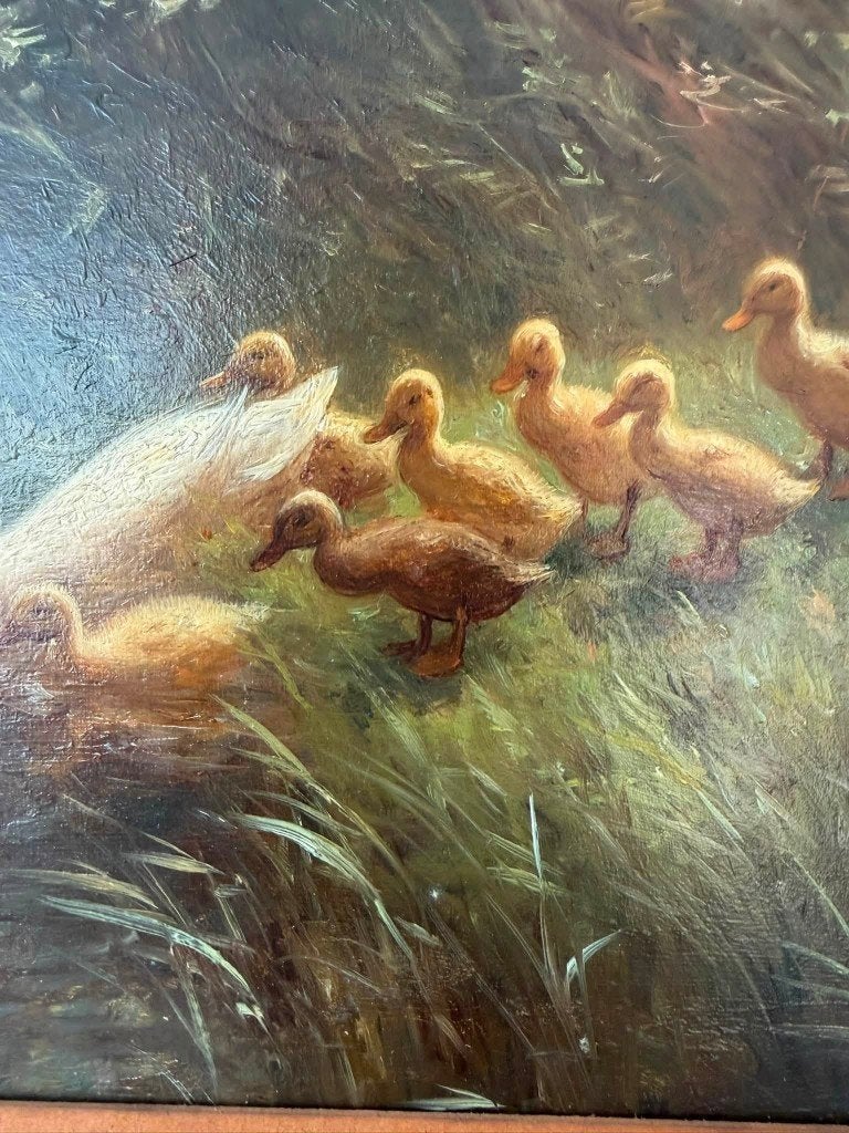 Constant Artz (1870-1951) schilderij mama eend met kindjes, Antiek en Kunst, Paneel, Ophalen of Verzenden, Olieverf, Gesigneerd