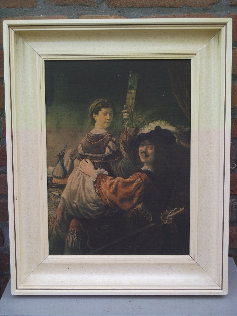 Oude print op doek naar Rembrandt; Zelfportret met Saskia, Antiek en Kunst, Ophalen of Verzenden, Ingelijst, Portret of Personen