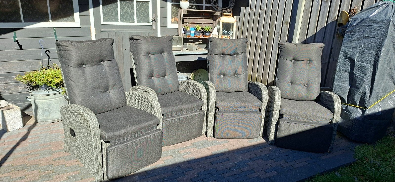 Verstelbare tuinstoelen met voetensteun - Wicker grijs, Ophalen, Zo goed als nieuw, Wicker, Verstelbaar